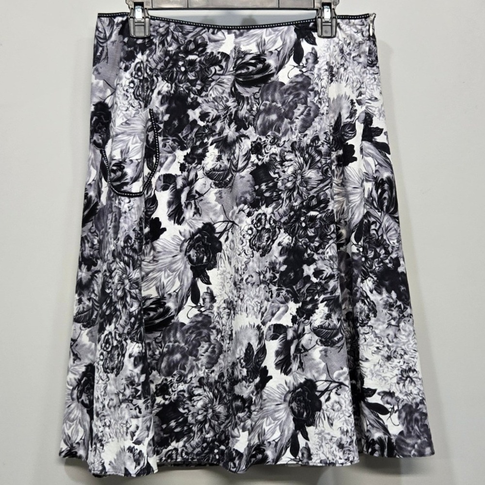 Vintage Y2K Lapis Linen Cotton Midi Skirt Large Dark Floral Midi Pocket Romantic